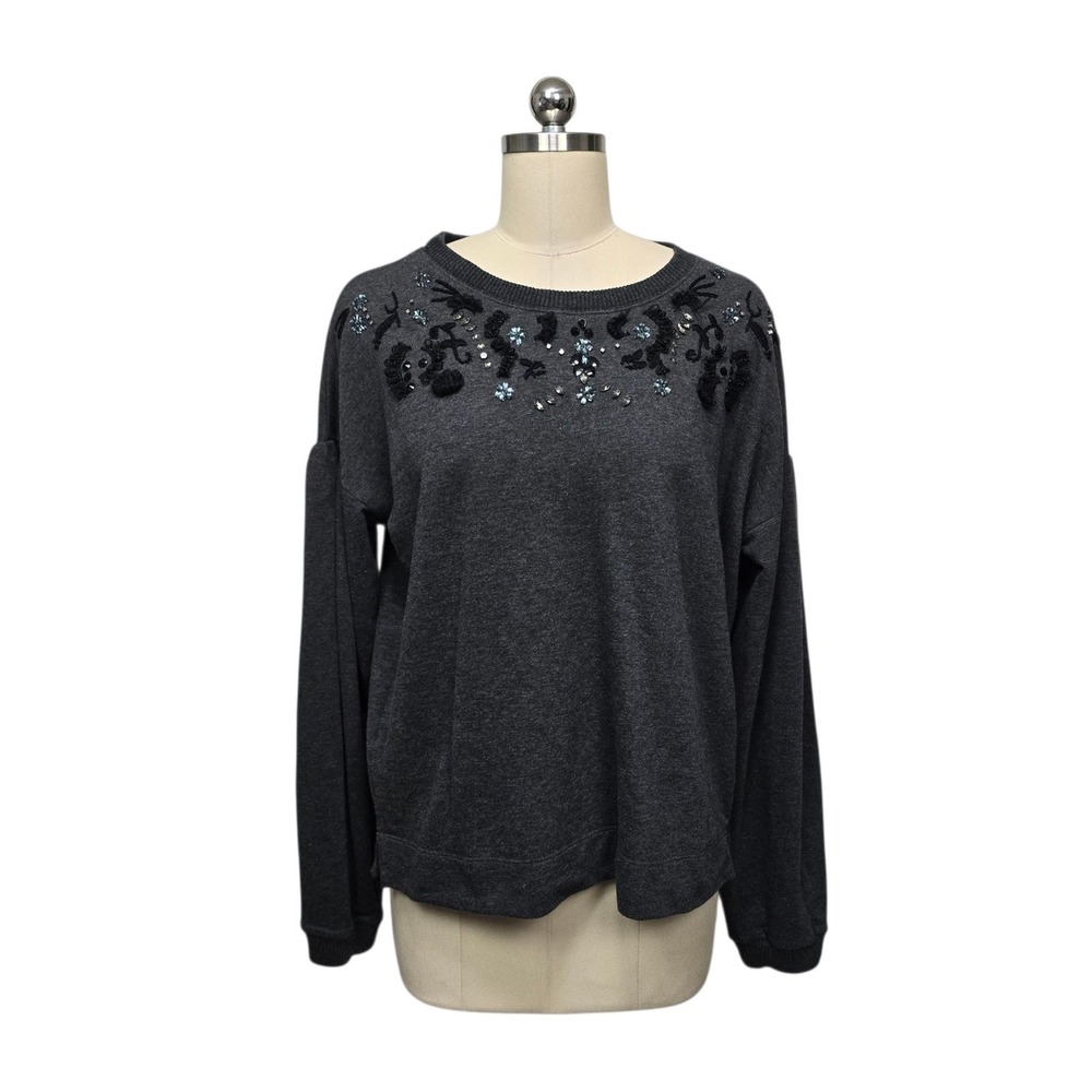Maeve Anthropologie Womens sz Large Charcoal Grey Embellished Floral‎ Sweatshirt